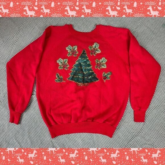 Christmas Tree Gold Glitter Relaxed Red Sweatshirt Sweater Sz XL Vintage 1980s - Picture 1 of 6